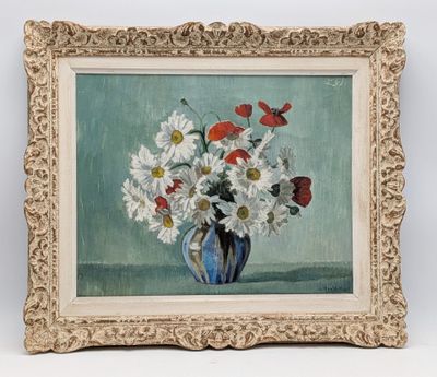 une peinture de fleurs dans un vase sur une table