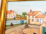 une photo d'un tableau représentant un village avec des chevaux et des gens