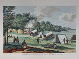 a painting of a group of people in a field with tents