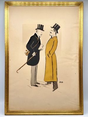 tableau représentant un homme en haut-de-forme et en redingote en train de parler à un autre homme en haut-de-forme