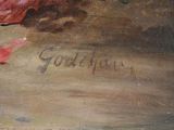 an oil painting of a red leaf laying on the ground with the word goodbye written on it