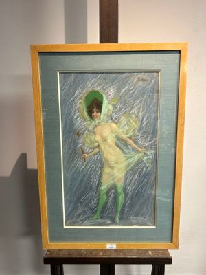 un tableau représentant une femme tenant un parapluie posé sur un chevalet