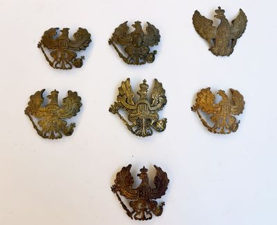 Plusieurs types différents d'insignes militaires sont exposés sur un fond blanc