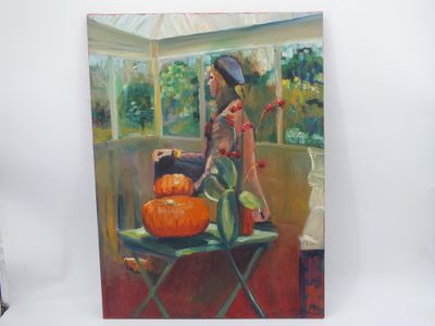 un tableau représentant une femme assise à une table sur laquelle sont posées des citrouilles