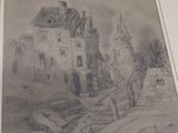 framed drawing of a castle with a man standing in front of it