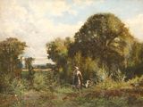 painting of a man and a dog in a field with trees in the background