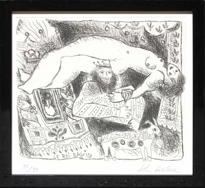 dessin représentant une femme nue allongée sur un lit, une tasse de café à la main