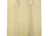 un vieux dessin représentant une femme en robe tenant un bâton