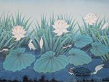 une peinture représentant une tortue et des fleurs dans l'eau