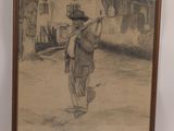 dessin représentant un homme marchant dans la rue, un chapeau sur la tête