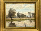 l'image d'une peinture représentant une rivière avec des arbres en arrière-plan