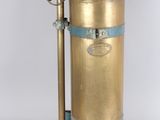 a gold and blue fire hydrant on a white background