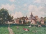 un tableau représentant des vaches paissant dans un champ près d'une maison