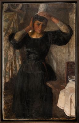 tableau représentant une femme en train de se coiffer devant un miroir