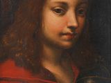 un tableau représentant une jeune fille tenant une pomme dans ses mains