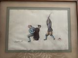 framed picture of a painting of a man and a woman holding a baseball bat