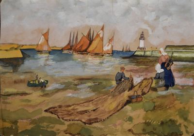 a painting of a group of people on the beach