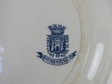 a blue and white plate with a picture of a castle on it