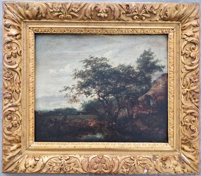 une peinture à l'huile d'un paysage avec un arbre au premier plan