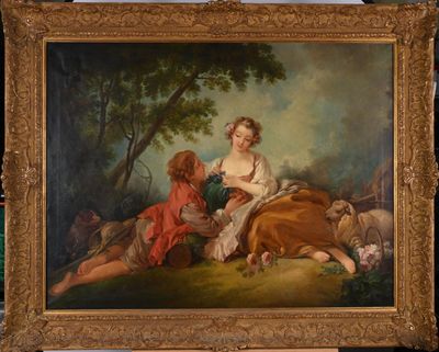 une peinture à l'huile représentant une femme et deux enfants dans un décor boisé