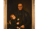 un vieux tableau représentant un homme tenant un enfant dans ses bras