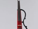 the violin is red and black and has a black bow