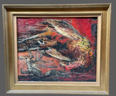 painting of a crab in a gold frame on a red background