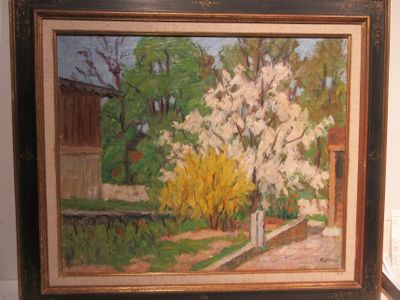 a picture of a painting of a tree in a garden
