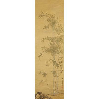 an oriental painting of a bamboo tree and two birds