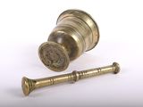 an old brass telescope with a wooden handle on a white surface