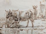 a drawing of a man and a cow in a field