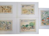 four watercolor paintings of people and animals on a white background
