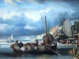 tableau représentant un groupe de personnes à bord d'un bateau sur un plan d'eau