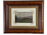 une peinture à l'huile représentant une scène de vie à la ferme, dans un cadre en bois