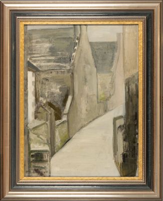 an oil painting of a narrow street with buildings in the background