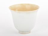 a white cup with a brown rim on a white background