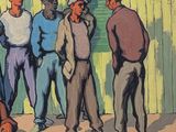 painting of a group of men standing in front of a fence