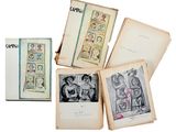 several old books with pictures of people on them sitting on top of each other