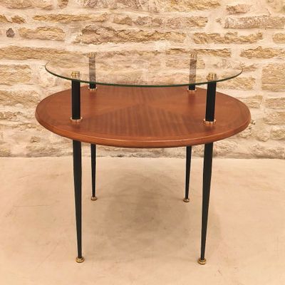 Table d'appoint à 2 niveaux, travail Italien des années 50.  Plateau s