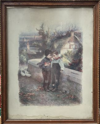 framed picture of two children with a bird on a fence