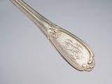 silver spoon with ornate design on it sitting on a table