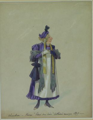 un dessin représentant une femme vêtue d'une robe violette et portant un chapeau