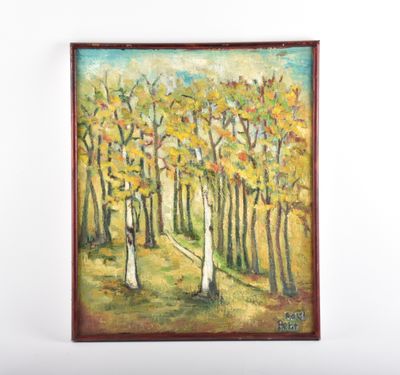 une peinture à l'huile représentant un sentier traversant une forêt aux feuilles jaunes