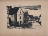 an old drawing of a house and a boat on the water