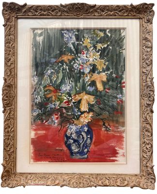 a painting of flowers in a blue vase on a red table