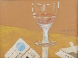 une peinture représentant un verre de vin posé sur une table