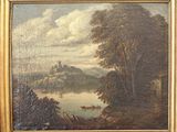 une peinture à l'huile représentant un paysage fluvial avec un château au loin