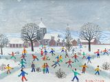 a painting of a group of people playing in the snow