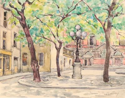 a watercolor painting of a street scene with trees and a lamp post