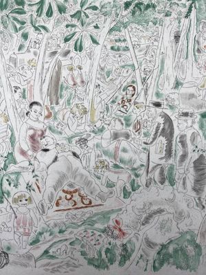 a drawing of a group of people in a forest